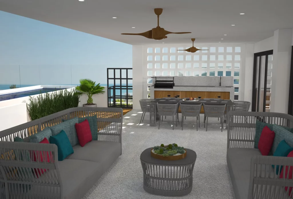 Residence Four is a penthouse located on the street level offering 2,202 square feet (204 square meters) of indoor living space; three bedrooms, 3 bathrooms with private terraces and partial ocean views plus media room.