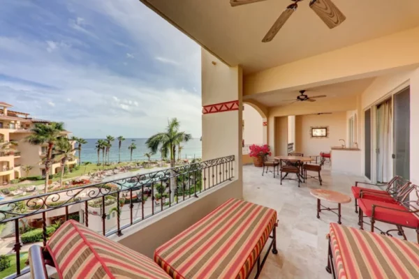 This 2BR, 3BA infinity ocean view condominium features airy 10-foot ceilings and looks out over the beautifully landscaped courtyard and pools of La Estancia with extended views of the sapphire-blue Sea of Cortez.